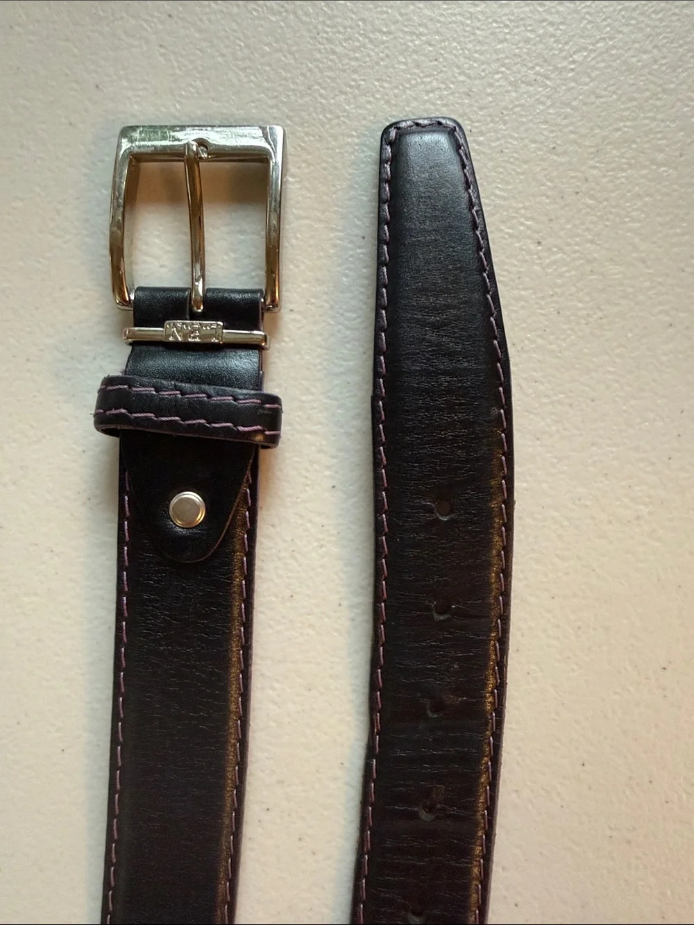 L.E.N. Black Leather Belt with Pink Contrast Stitching 40 inches